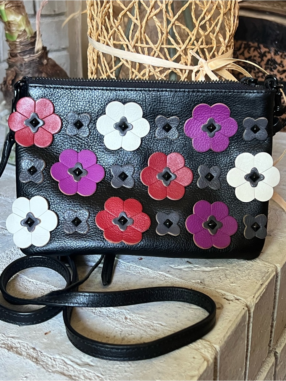 Rebecca Minkoff Black Leather Floral Appliqué Slim Crossbody Clutch Pouch